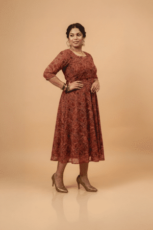 Rust brown paisley print plus size midi dress with square neckline and three-quarter sleeves