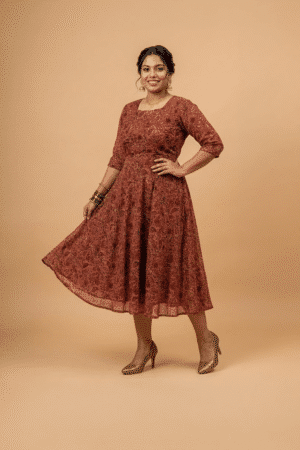 Rust brown paisley print plus size midi dress with square neckline and three-quarter sleeves
