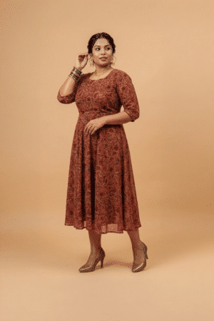 Rust brown paisley print plus size midi dress with square neckline and three-quarter sleeves