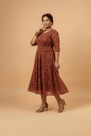 Rust brown paisley print plus size midi dress with square neckline and three-quarter sleeves