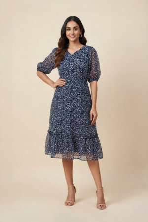 Woman wearing a navy blue floral ruffle midi dress with a V-neckline and sheer puff sleeves