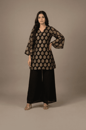 Black and gold printed kurta set with flared sleeves and wide-leg palazzo pants