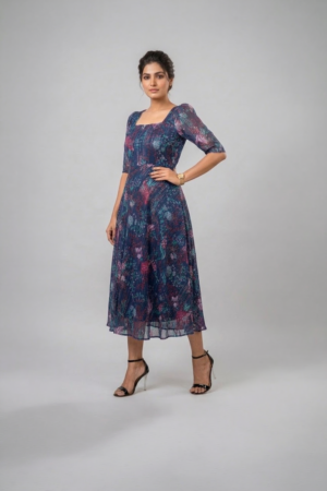 Woman wearing a navy blue floral midi dress with a square neckline, puff sleeves and an A-line silhouette