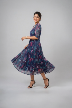 Woman wearing a navy blue floral midi dress with a square neckline, puff sleeves and an A-line silhouette