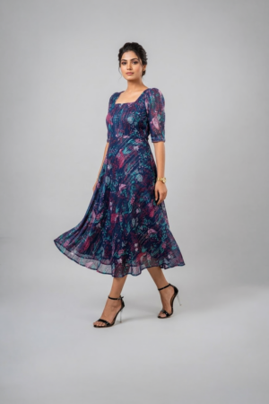 Woman wearing a navy blue floral midi dress with a square neckline, puff sleeves and an A-line silhouette