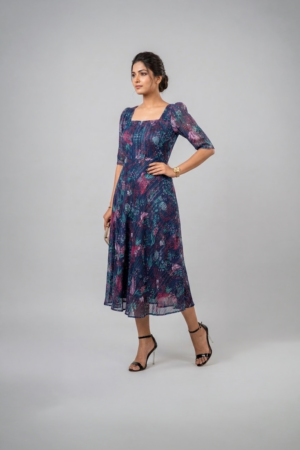 Woman wearing a navy blue floral midi dress with a square neckline, puff sleeves and an A-line silhouette