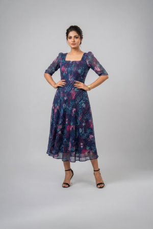 Woman wearing a navy blue floral midi dress with a square neckline, puff sleeves and an A-line silhouette