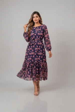 Navy blue floral ruffle midi dress with pink flower print, long sleeves and a tie-up waist