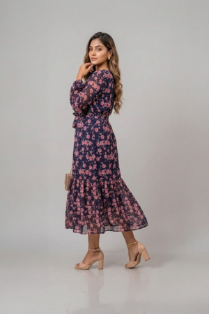 Navy blue floral ruffle midi dress with pink flower print, long sleeves and a tie-up waist