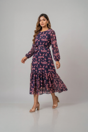 Navy blue floral ruffle midi dress with pink flower print, long sleeves and a tie-up waist