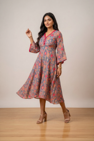 Woman wearing a grey floral print midi dress with a V-neckline, three-quarter bell sleeves and a flared silhouette