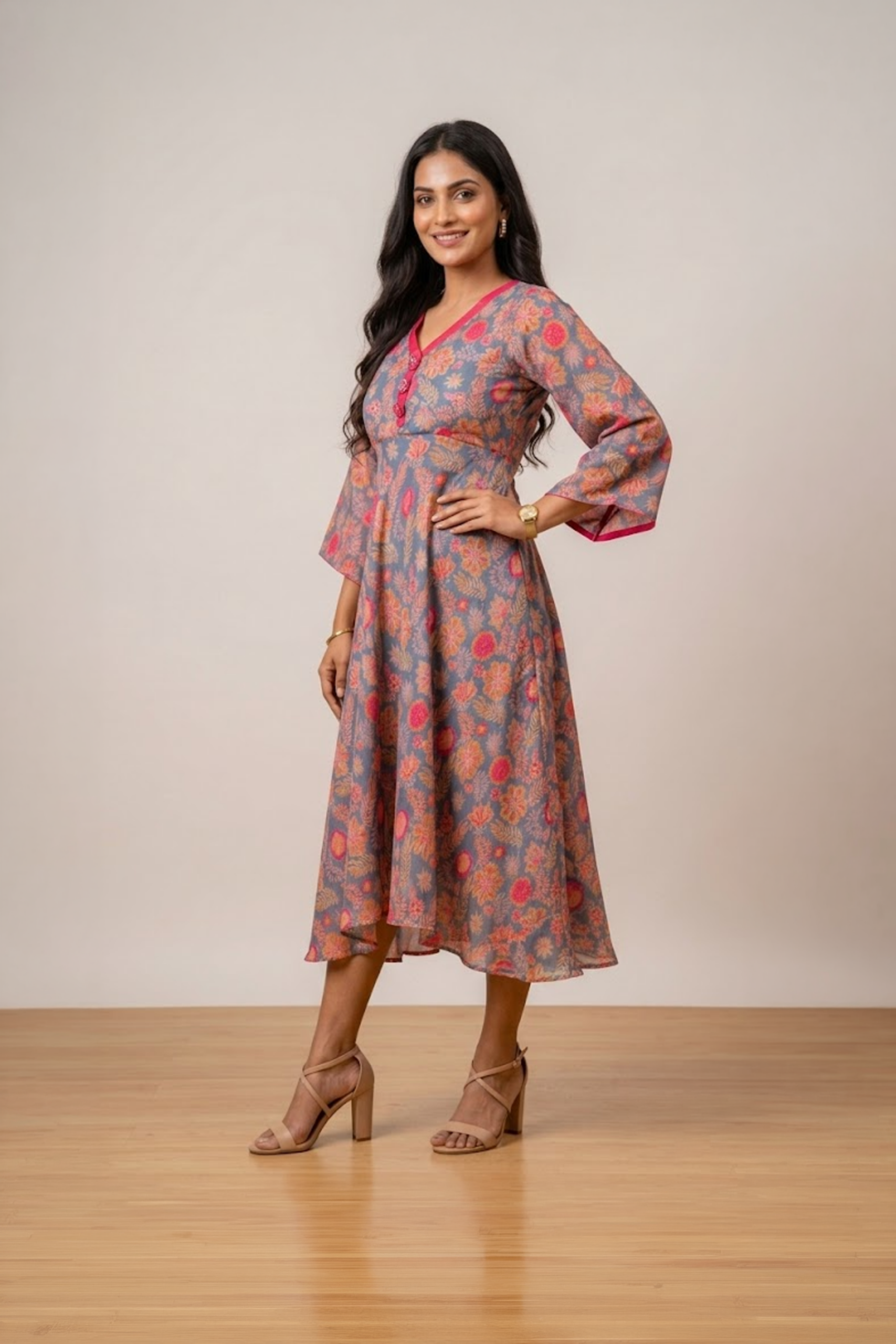 Woman wearing a grey floral print midi dress with a V-neckline, three-quarter bell sleeves and a flared silhouette