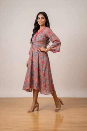Woman wearing a grey floral print midi dress with a V-neckline, three-quarter bell sleeves and a flared silhouette