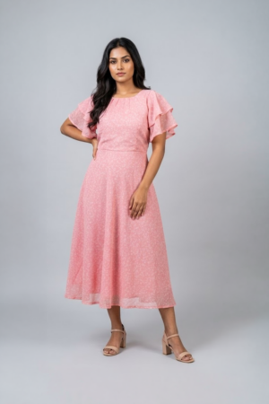 Woman wearing a soft pink midi dress with layered flutter sleeves and a flowing A-line silhouette