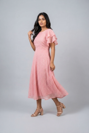 Woman wearing a soft pink midi dress with layered flutter sleeves and a flowing A-line silhouette