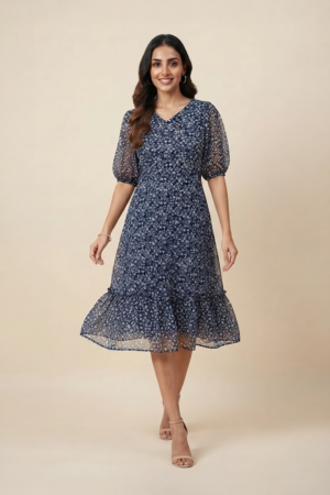 Woman wearing a navy blue floral ruffle midi dress with a V-neckline and sheer puff sleeves