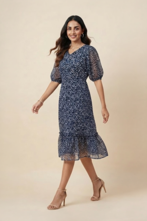 Woman wearing a navy blue floral ruffle midi dress with a V-neckline and sheer puff sleeves