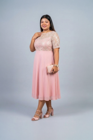 Blush Pink Sequin Lace Midi Dress