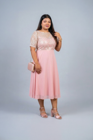 Blush Pink Sequin Lace Midi Dress