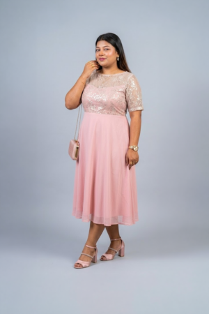 Blush Pink Sequin Lace Midi Dress