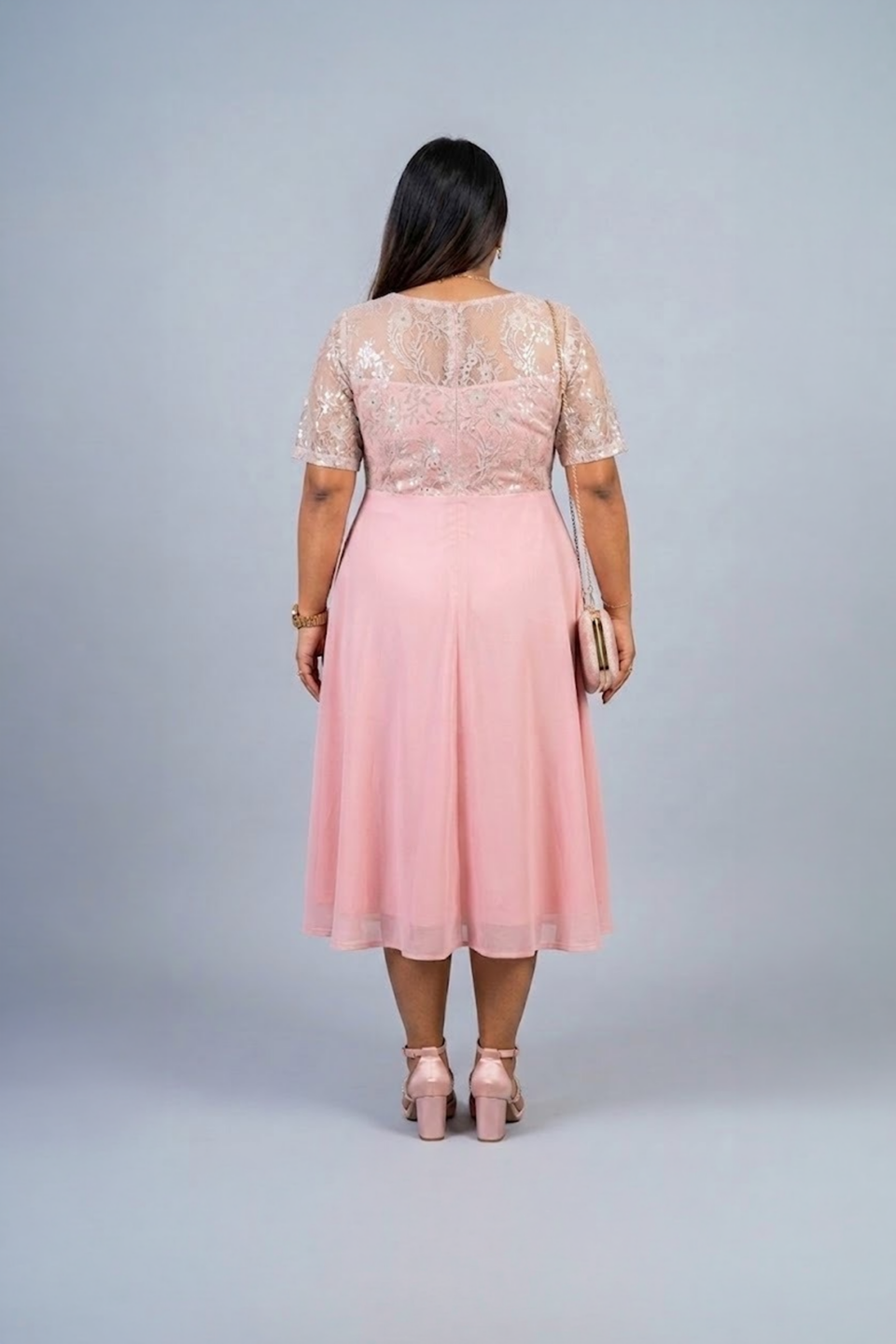 Blush Pink Sequin Lace Midi Dress