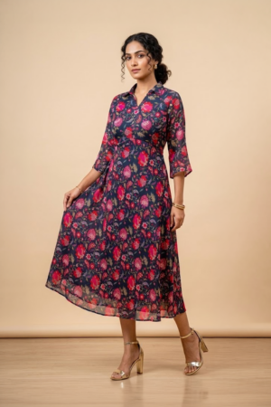 Woman wearing a blue floral shirt dress with three-quarter sleeves and a flared midi silhouette