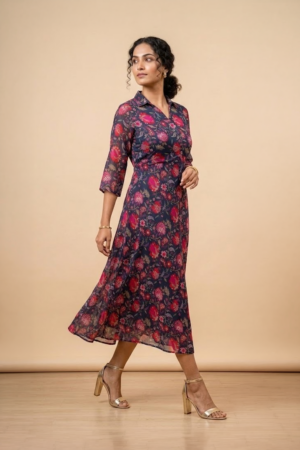 Woman wearing a blue floral shirt dress with three-quarter sleeves and a flared midi silhouette