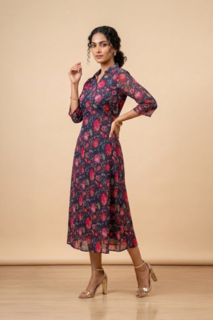 Woman wearing a blue floral shirt dress with three-quarter sleeves and a flared midi silhouette
