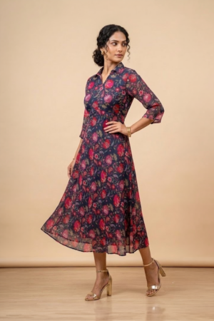 Woman wearing a blue floral shirt dress with three-quarter sleeves and a flared midi silhouette