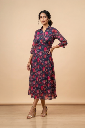 Woman wearing a blue floral shirt dress with three-quarter sleeves and a flared midi silhouette