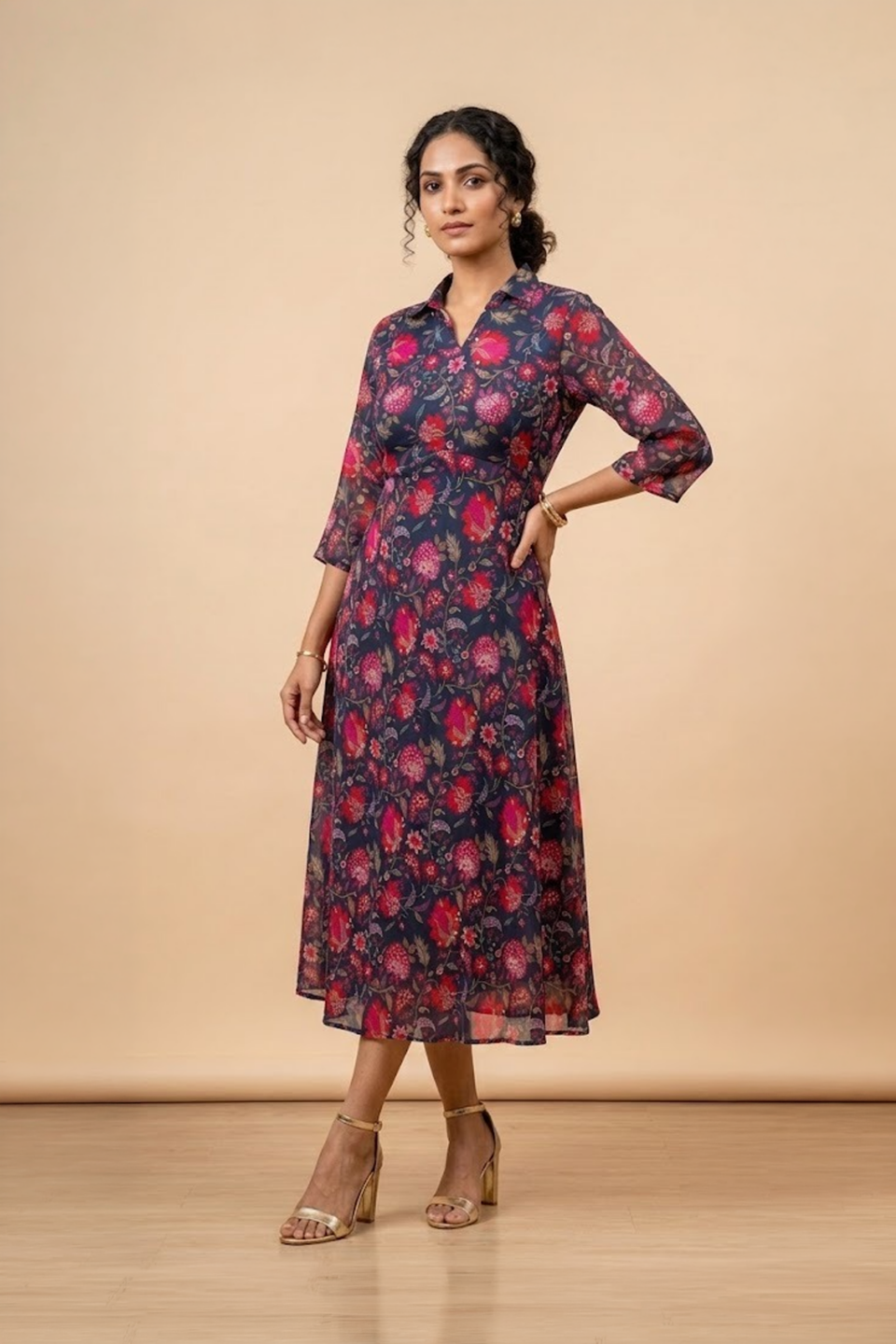 Blue Satin Silk Floral Dress