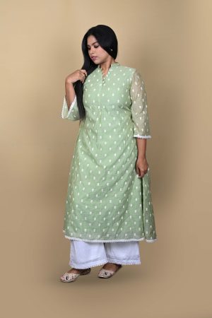 Mandarin collar kurta with lace-trim palazzos – Ivory by Radhika