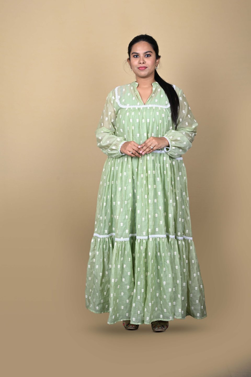 Sage green Chanderi tiered maxi dress with lace