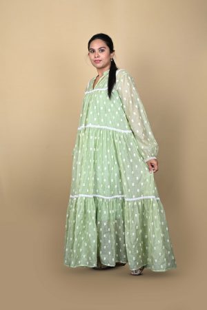 Romantic modest maxi dress in dobby dot texture