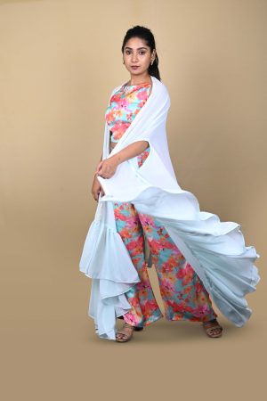 Indo-Western co-ord in aqua and coral floral print