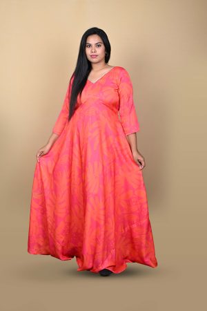 Coral Sunset Anarkali Dress in botanical print