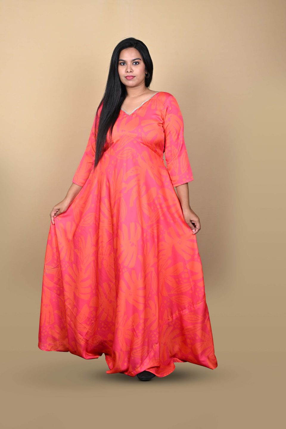 Coral Sunset Anarkali Dress in botanical print