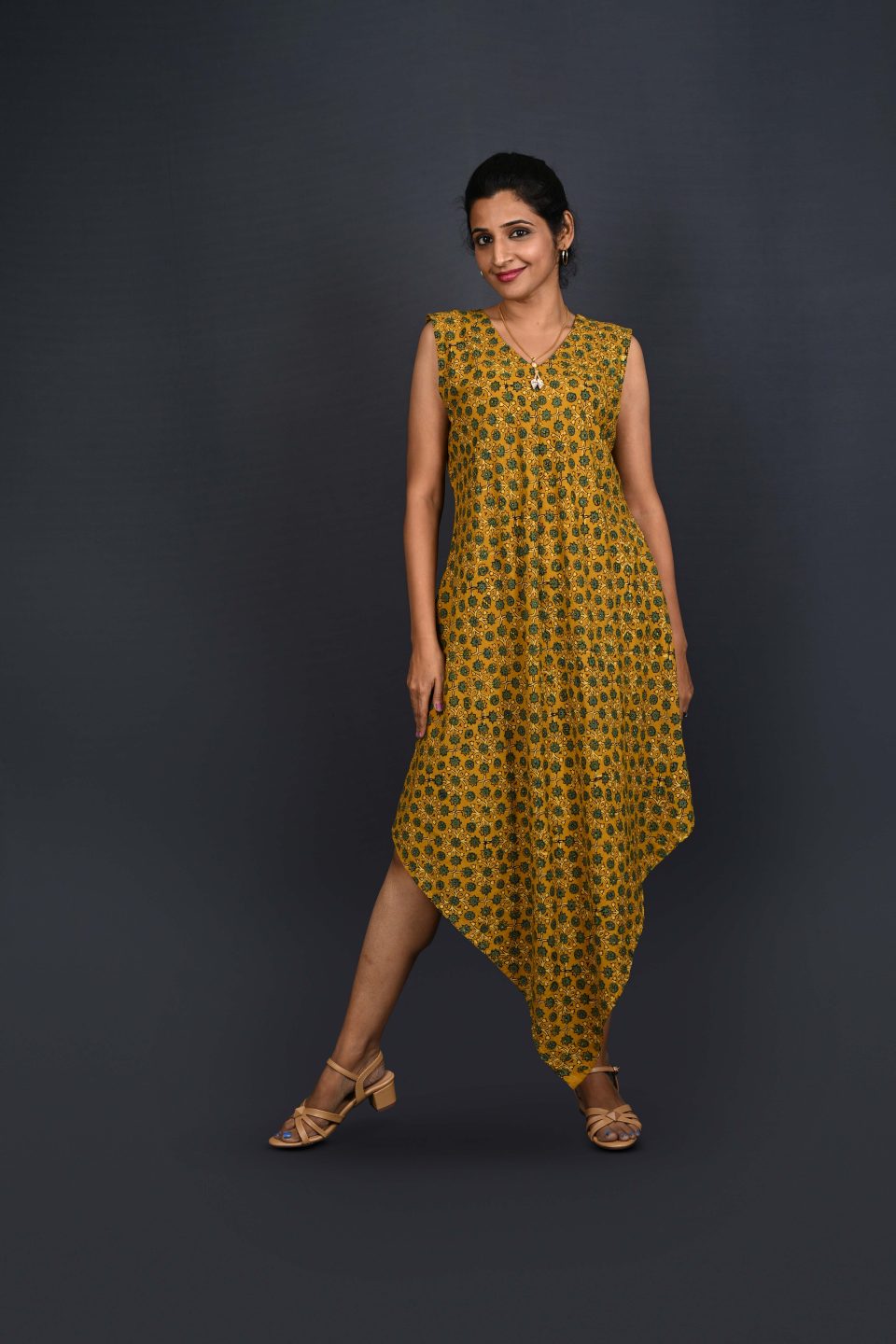 Block Printed V - Neck Dress
