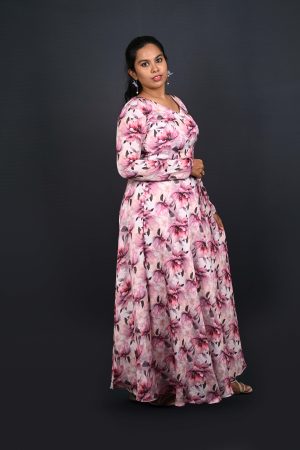 Elegant fit-and-flare floral gown in mauve and blush