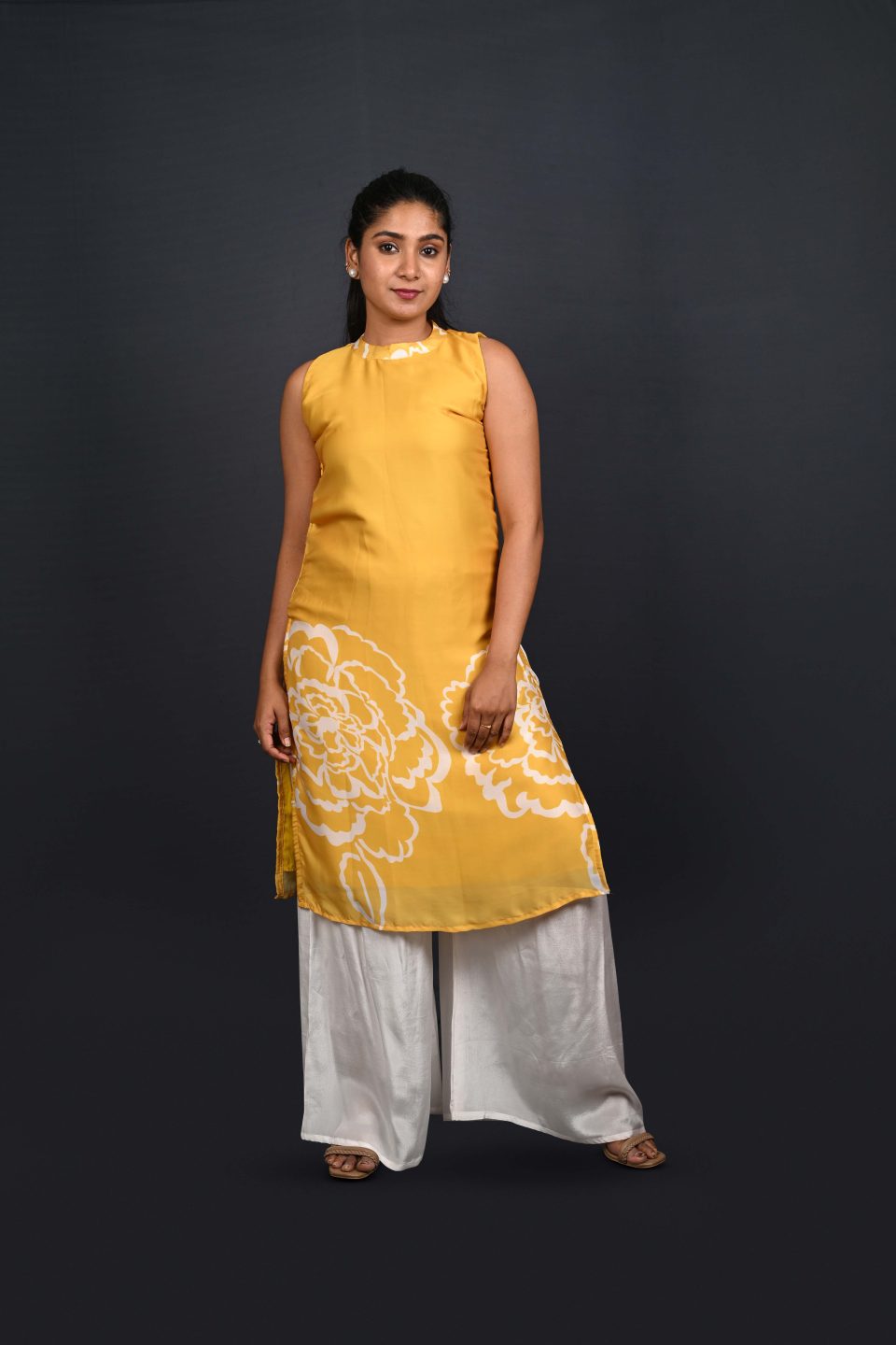 Sleeveless Yellow Kurta, White Palazzo Pants Outfit
