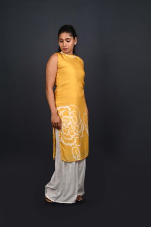 Sleeveless Yellow Kurta, White Palazzo Pants Outfit