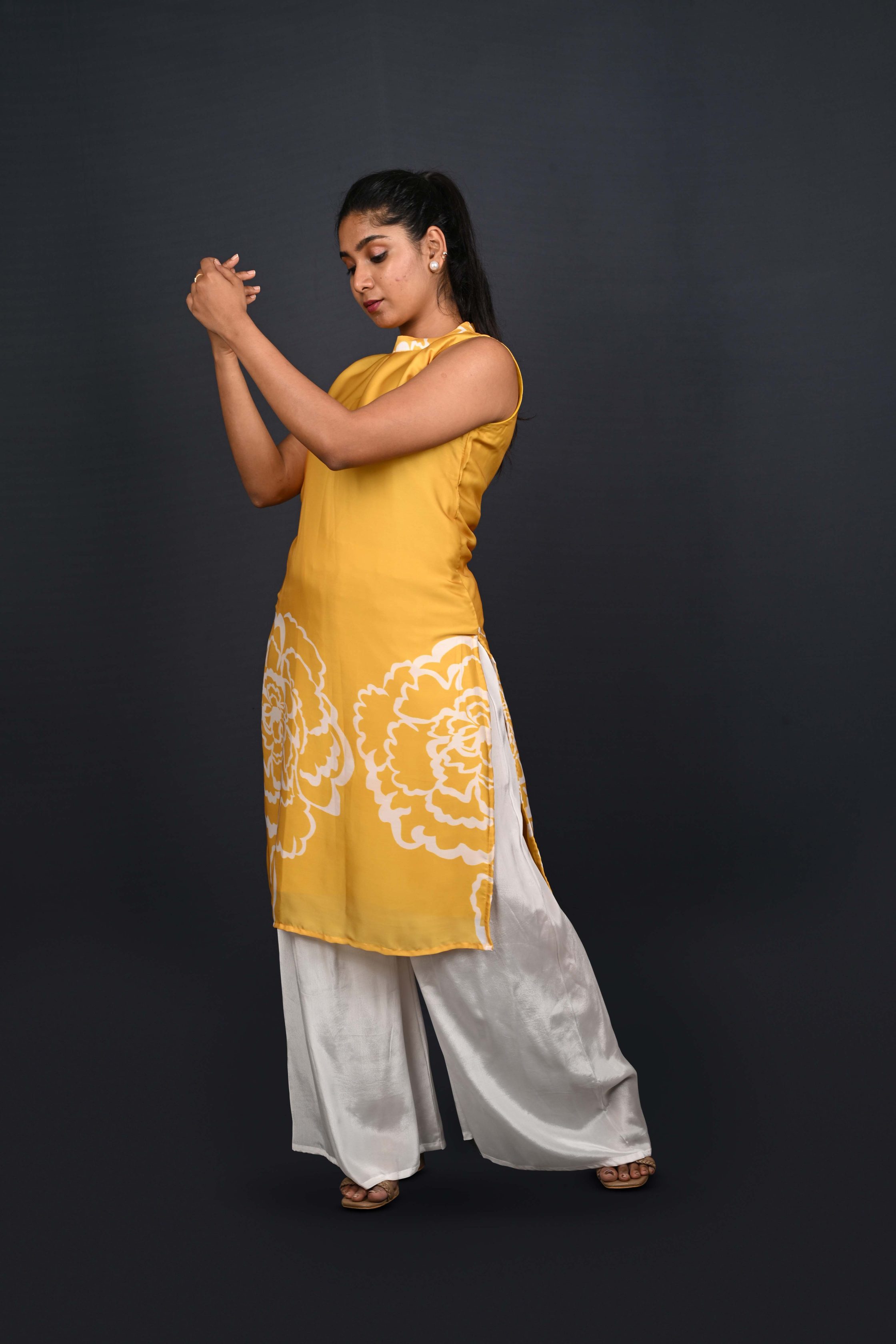 Sleeveless Yellow Kurta, White Palazzo Pants Outfit