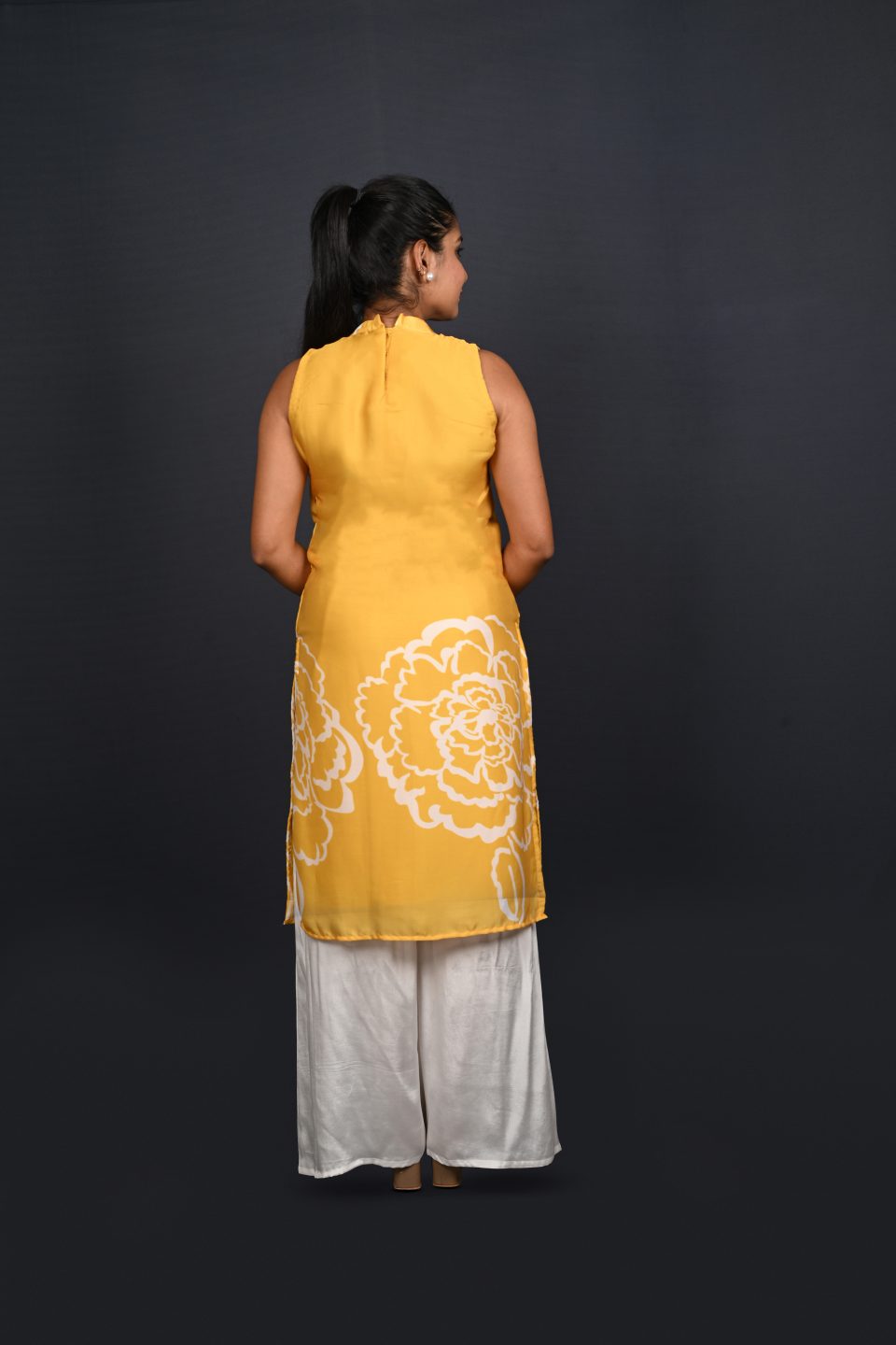 Sleeveless Yellow Kurta, White Palazzo Pants Outfit