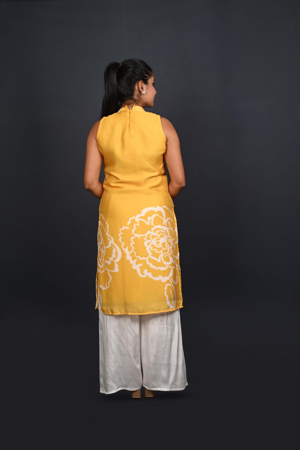 Sleeveless Yellow Kurta, White Palazzo Pants Outfit