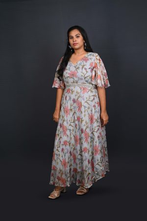 Powder grey floral gown with butterfly sleeves – Ivory by Radhika
