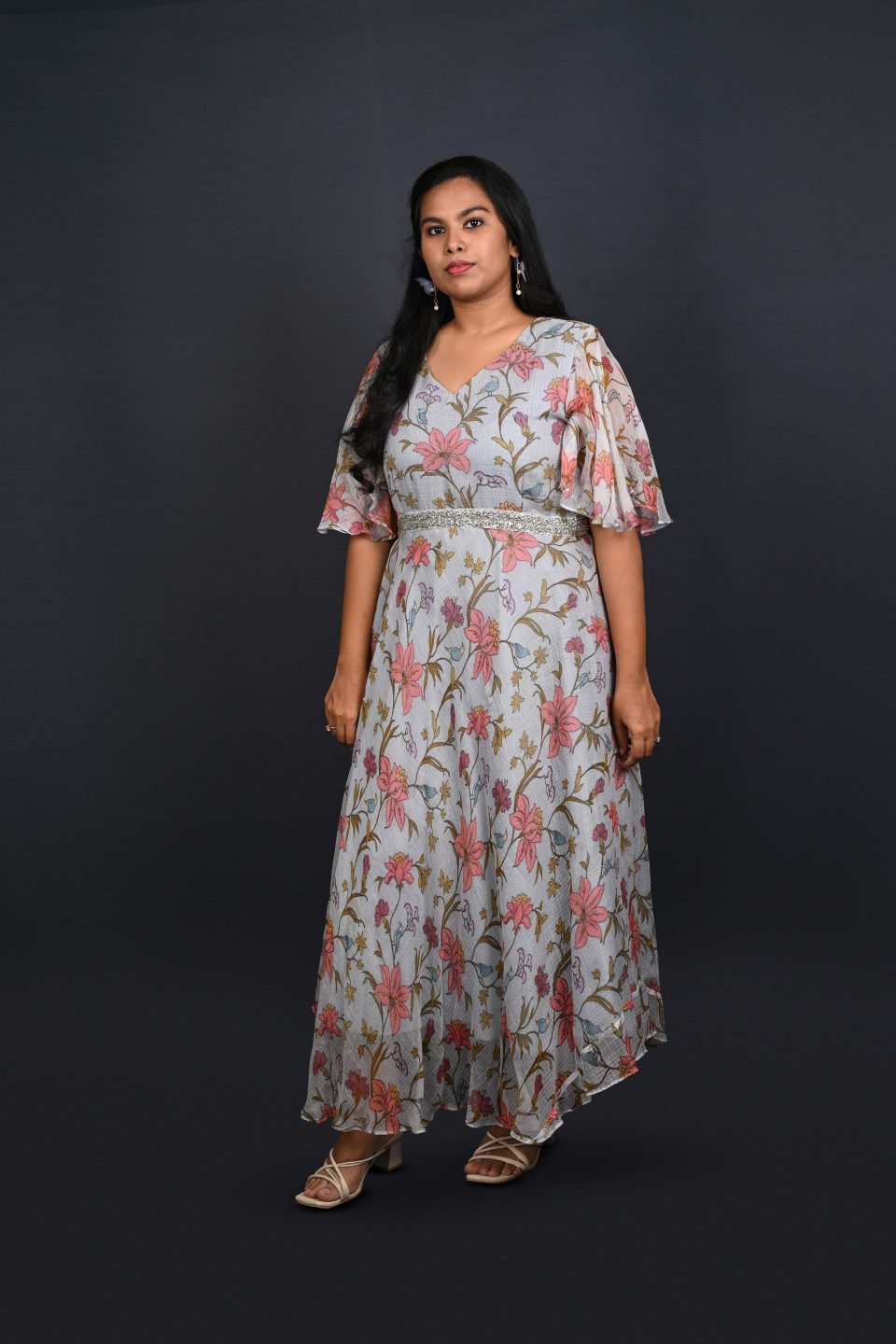 Powder grey floral gown with butterfly sleeves – Ivory by Radhika