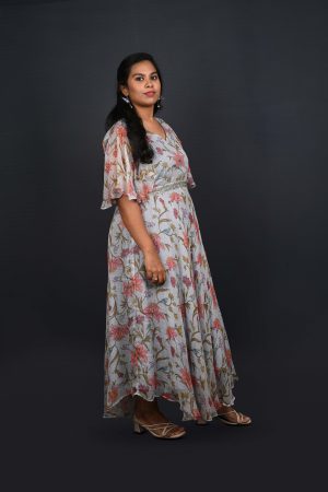 Floral print gown in georgette with V-neck and flared silhouette