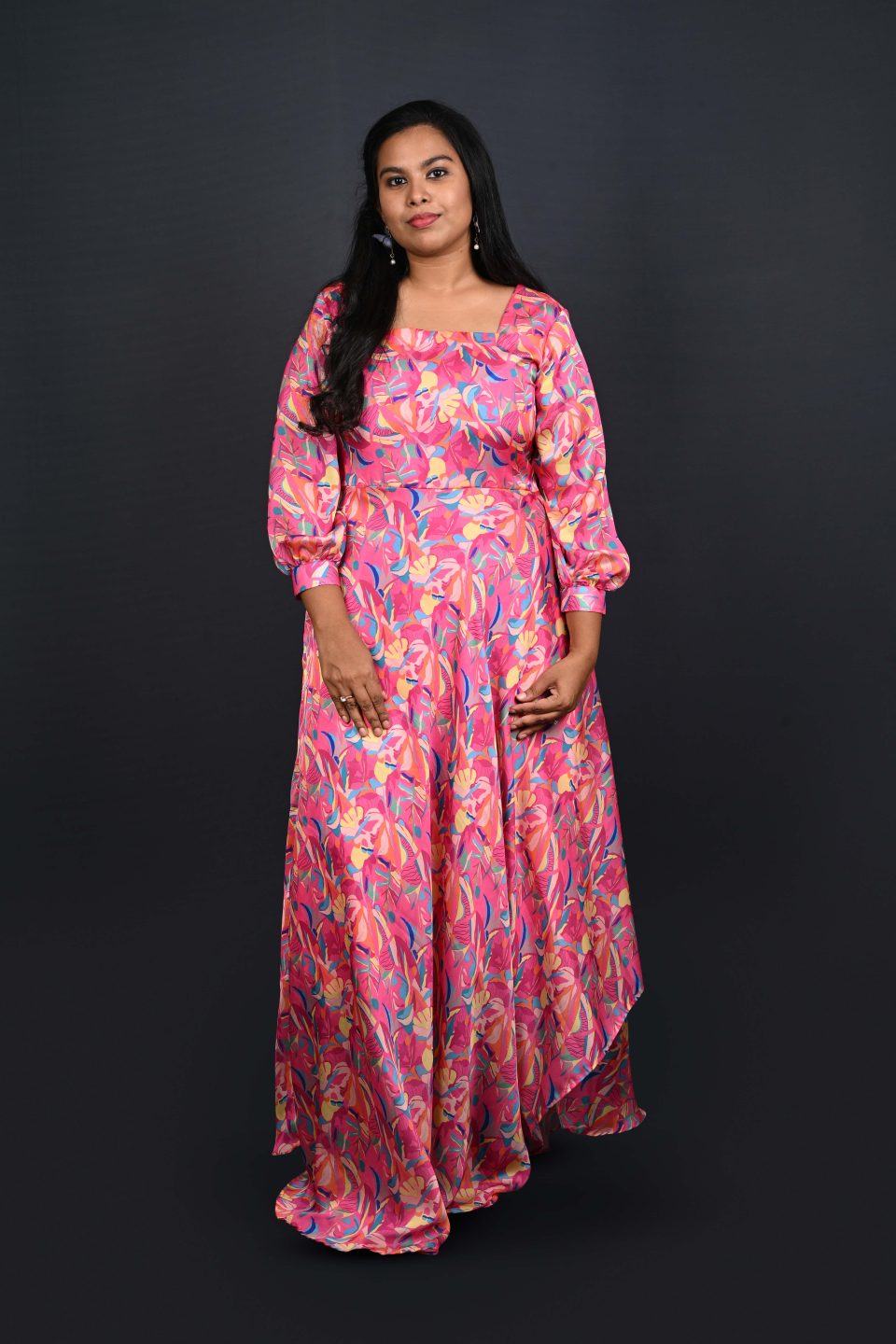 Pink floral gown with square neckline and full sleeves – Ivory by Radhika