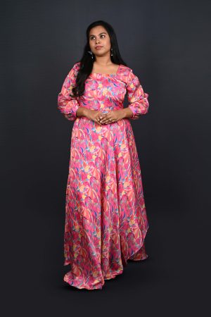 Tropical floral print gown with asymmetrical hem