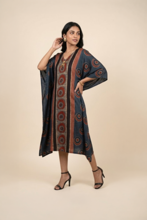 Blue Ajrakh print kaftan dress for women